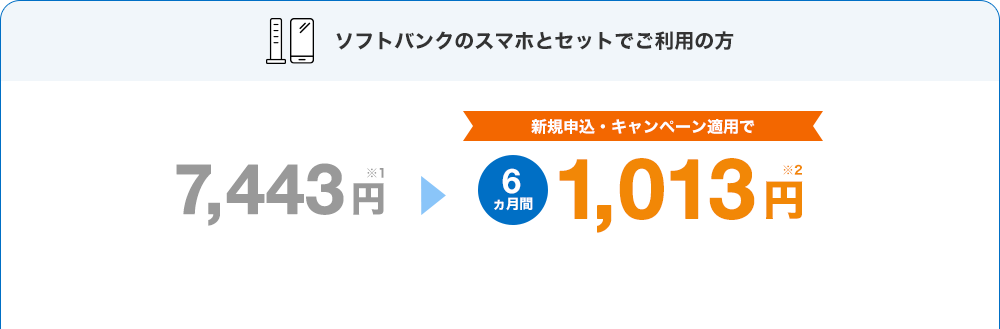 ソフトバンクのスマホとセットでご利用の方 新規申込・キャンペーン適用で 7,443円※1 →6ヵ月間1,013円※2