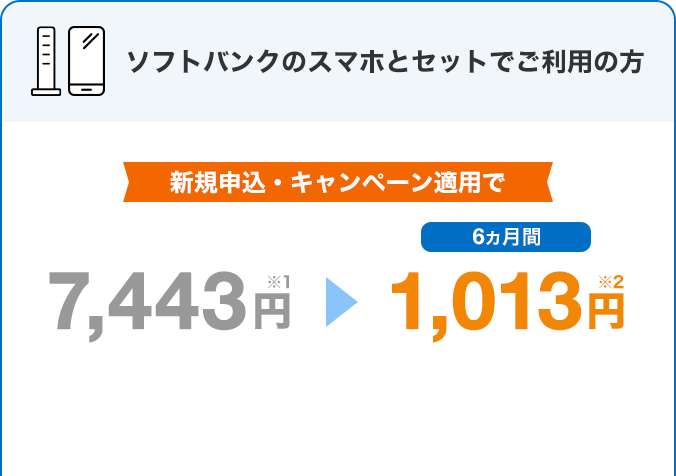 ソフトバンクのスマホとセットでご利用の方 新規申込・キャンペーン適用で 7,443円※1 →6ヵ月間1,013円※2