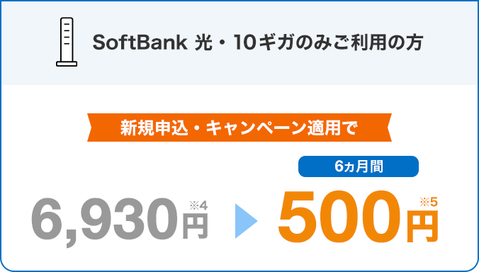 SoftBank 光・10ギガのみご利用の方 新規申込・キャンペーン適用で 6,930円※4 6ヵ月間500円※5